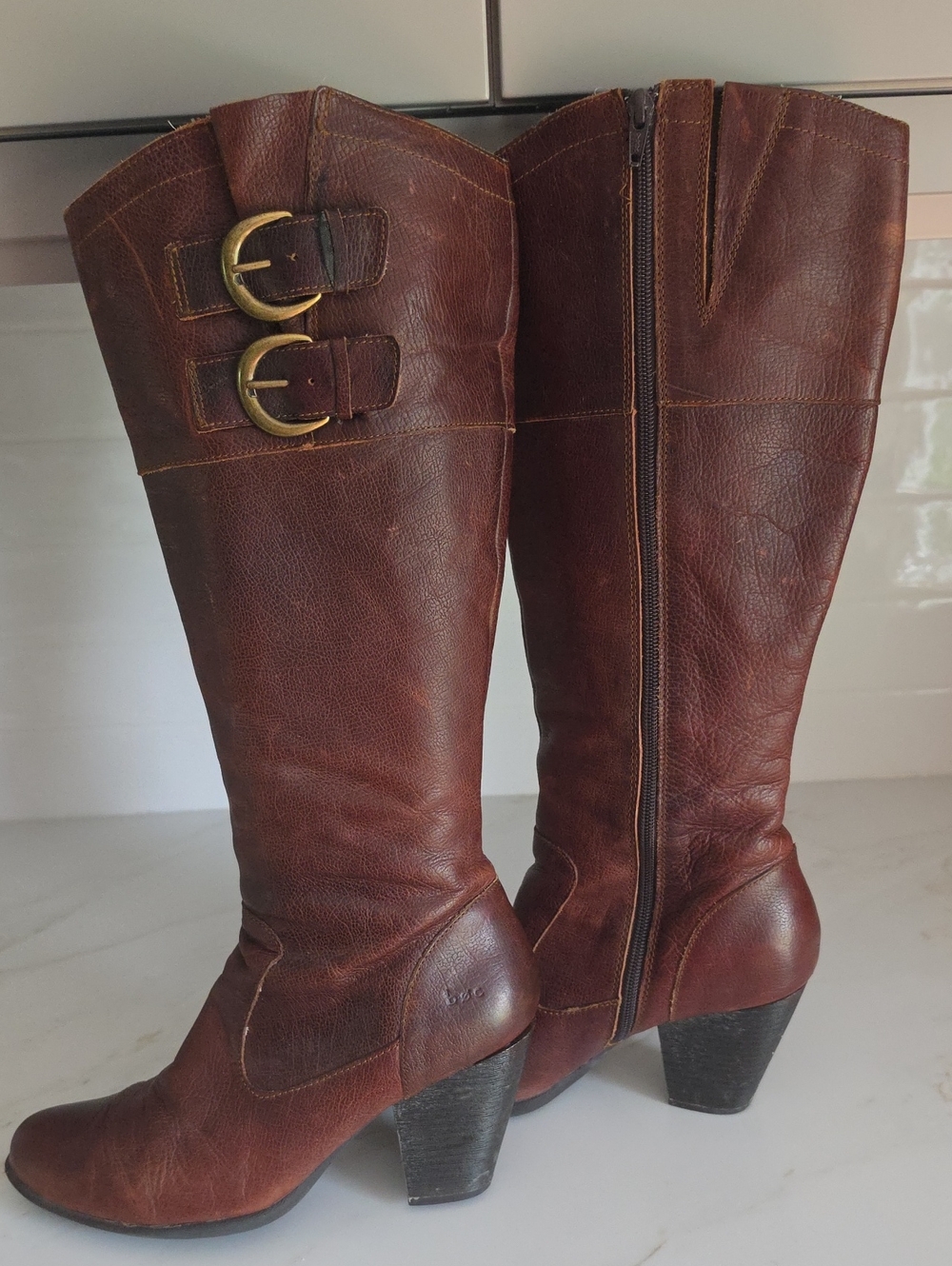 b.o.c. Born Concept Brown Leather Knee-High Boots - Double Buckle Stacked Heel 9